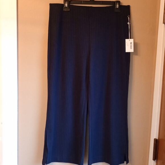 Ecru PinStripe Crop wideleg Pull on stretch waist classic Pants New With Tags L - Picture 1 of 12